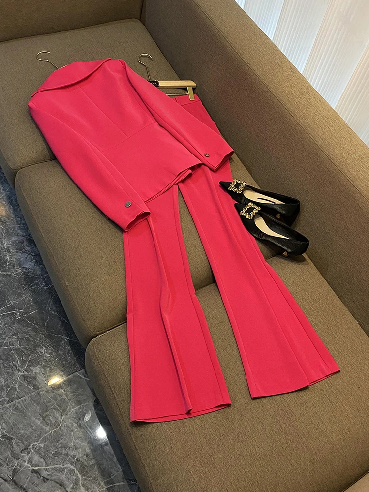 Abito da donna da ufficio solido brillante di alta qualità monopetto manica lunga Blazer pantaloni svasati donna 2 pezzi con cintura