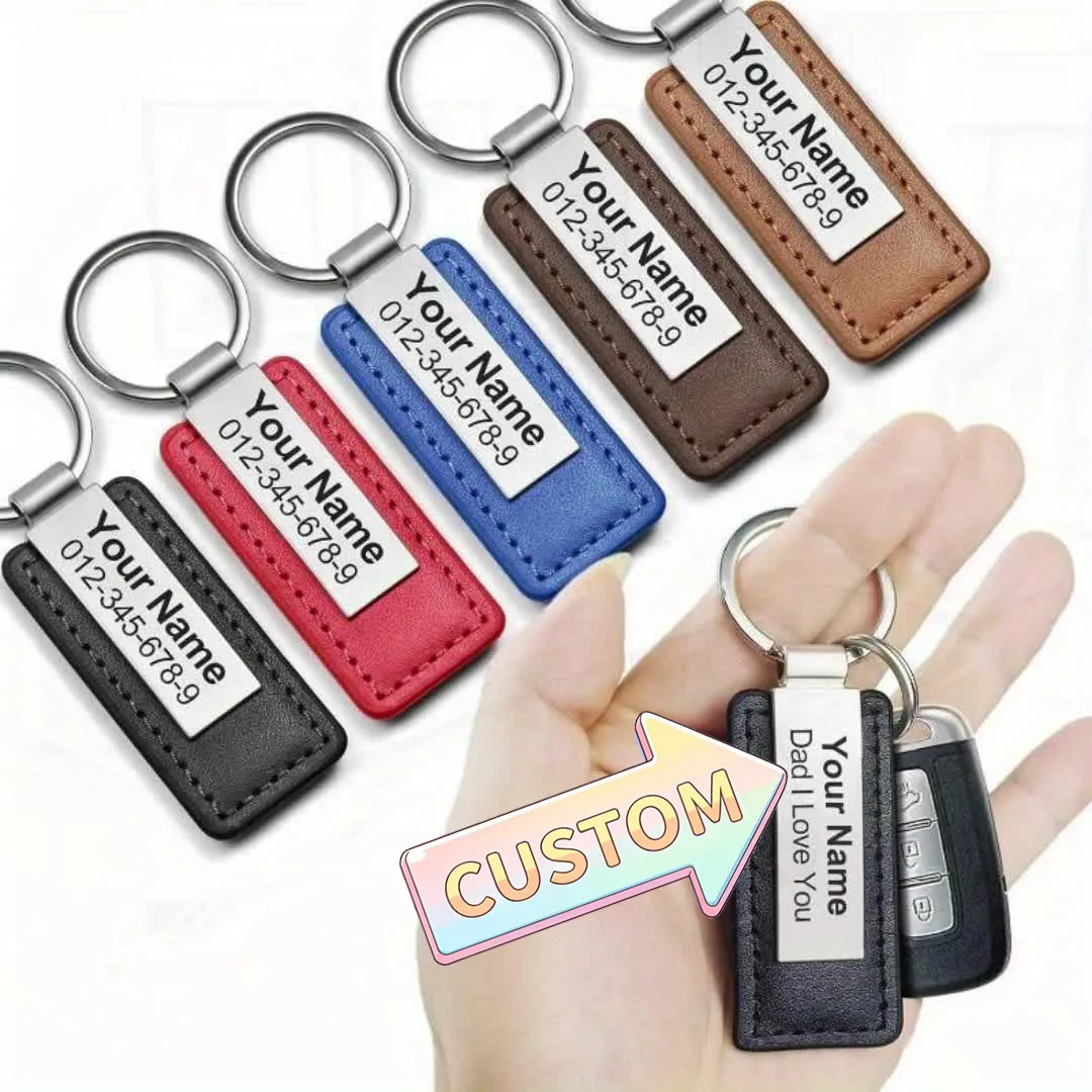 Porte-clés en cuir PU gravé personnalisé, nom personnalisé, numéro de téléphone, étiquette d'identification en acier inoxydable, cadeau pour homme, fête des pères, plusieurs couleurs