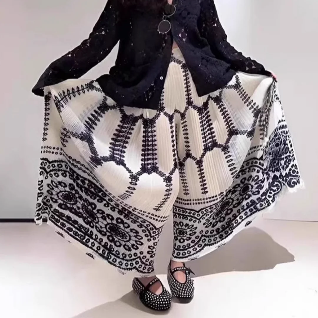 

Miyake Pleated Wide-leg Pants for Women's Ethnic Style Fashionable and Versatile Printed High-waisted Drooping Casual Pants