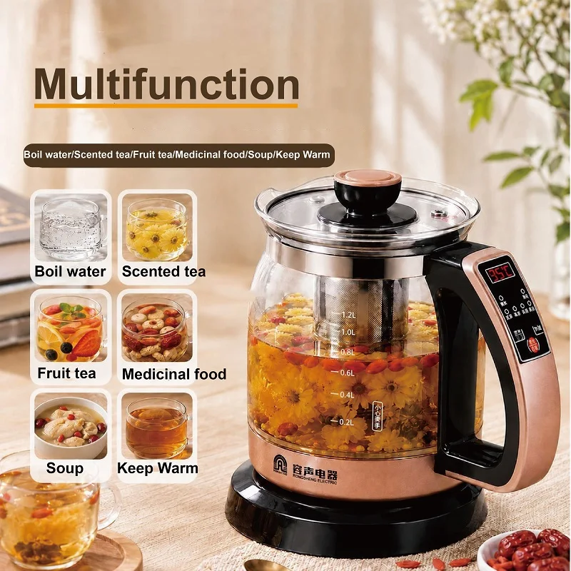 1.2L Health Kettle Temperature Control Glass Flower teapot Home Electric Kettle Appointment Herbal Medicine Pot Multi-function