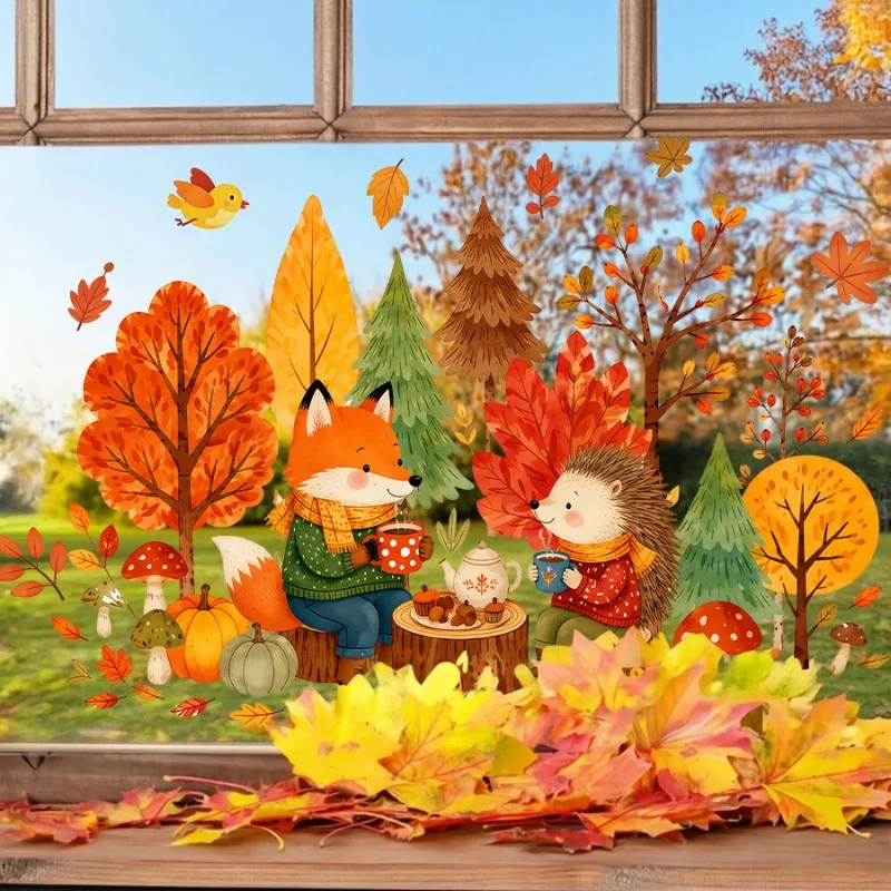 Static Adsorption Window Stickers, Cartoon Autumn Forest Animals Picnic Pattern Decor Decals for Glass