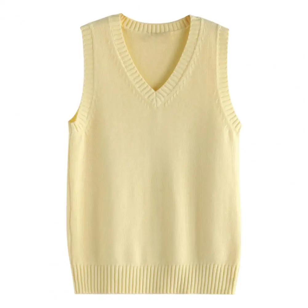 Women Vest V-neck Knitting with Ribbed Trim Solid Color Knitwear for Autumn Winter