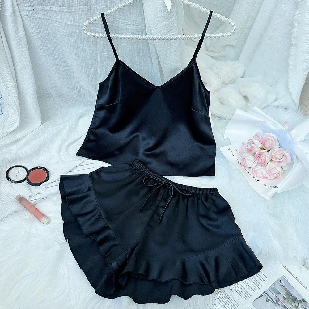 

Сексуальный топ и шорты на бретельках, 2 шт., пижамный костюм, новинка 2024 года, женская одежда для сна, атласная домашняя одежда, ночная рубашка, домашняя одежда для отдыха, женская одежда для дома