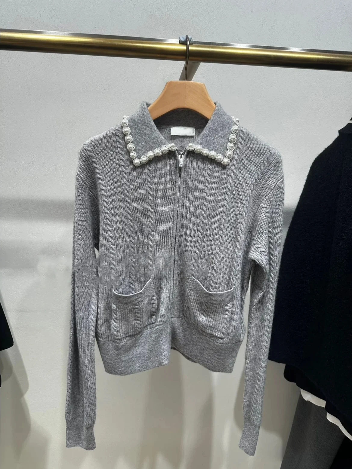 

Женский вязаный кардиган с жемчужным цветочным узором, ребристой отделкой, из полиэфирного волокна, с длинными рукавами, с растительным цветочным принтом