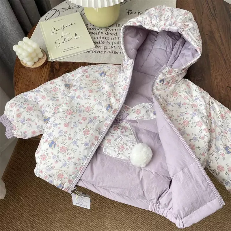

Kids Girls Purple Cotton Coat Rabbit Print Cute Hairball Hooded Padded Jacket Double Sides Wear Winter Quilted Outerwears 1-6Y