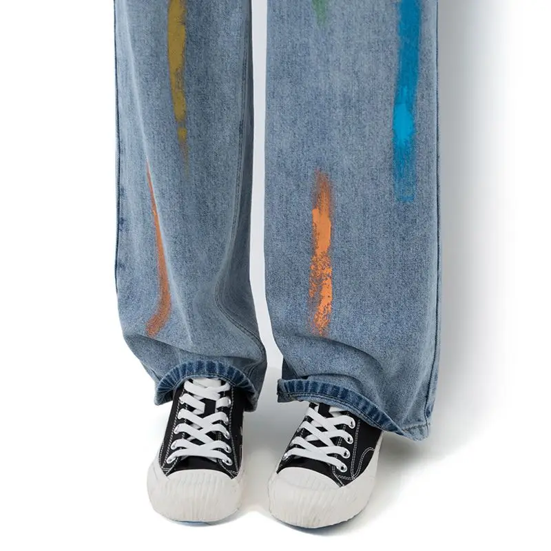 Color Painting Fashion Personality Thin New Fashion Trend Spring Summer 2023 Baby Blue Jeans Women Straight Tube Loose