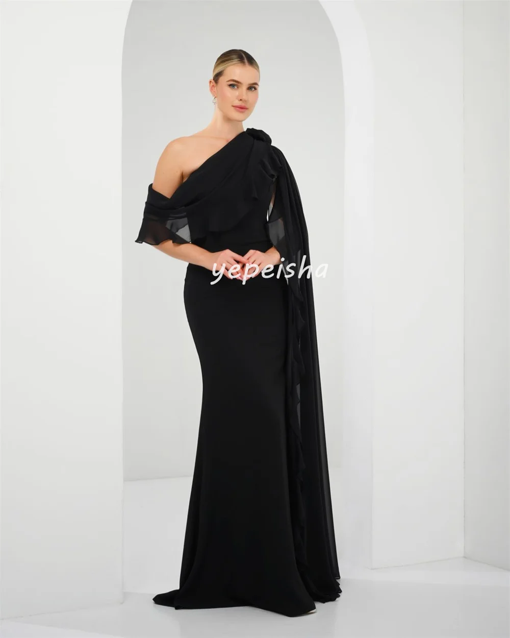 Customized Fashion Sizes Available Chiffon Pleat Ruched Flower Straight Off-the-shoulder Long Dresses Bespoke Occasion Dresses