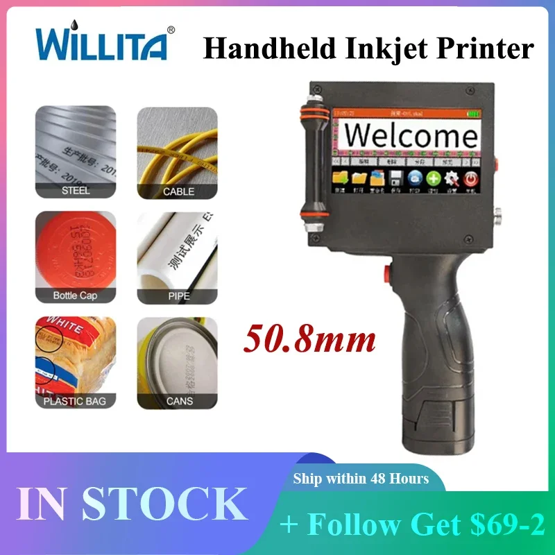 

Willita 50.8mm Portable Handheld Inkjet Printer with 65ml Quick Drying Cartridge Unencrypted Machine Print Text Date QR Code
