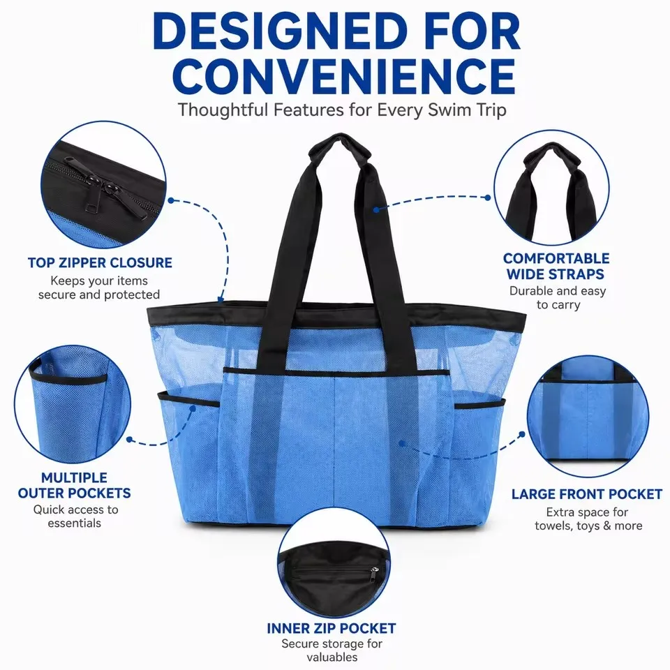 1pc Extra Large Mesh Beach Bag, Breathable Mesh Tote With Zipper & Side Pockets, Portable Large Capacity Finishing Organizer Bag