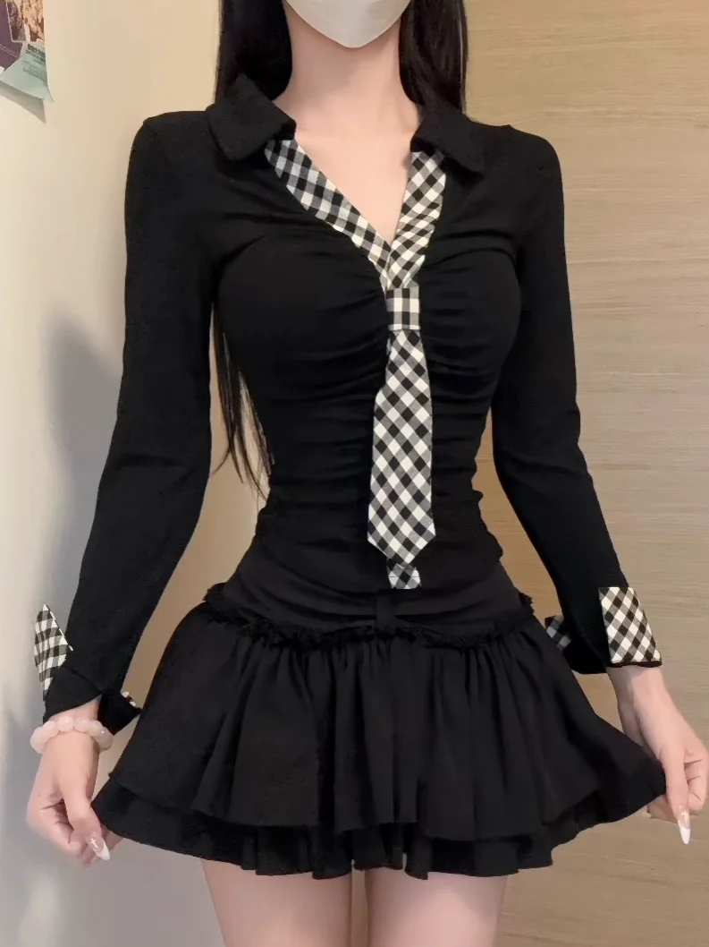 Sexy Plaid Top And Skirt Set Women's Puffy Short Skirt Two-Piece Suit Early Autumn Slimming High Waist V-Neck T-Shirt Fashion...