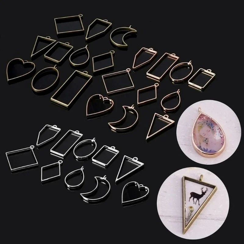 10 Pcs/Set Geometric Metal Pendant Frame Set DIY Pendant Making Epoxy UV Crystal Mold for Jewelry Necklaces