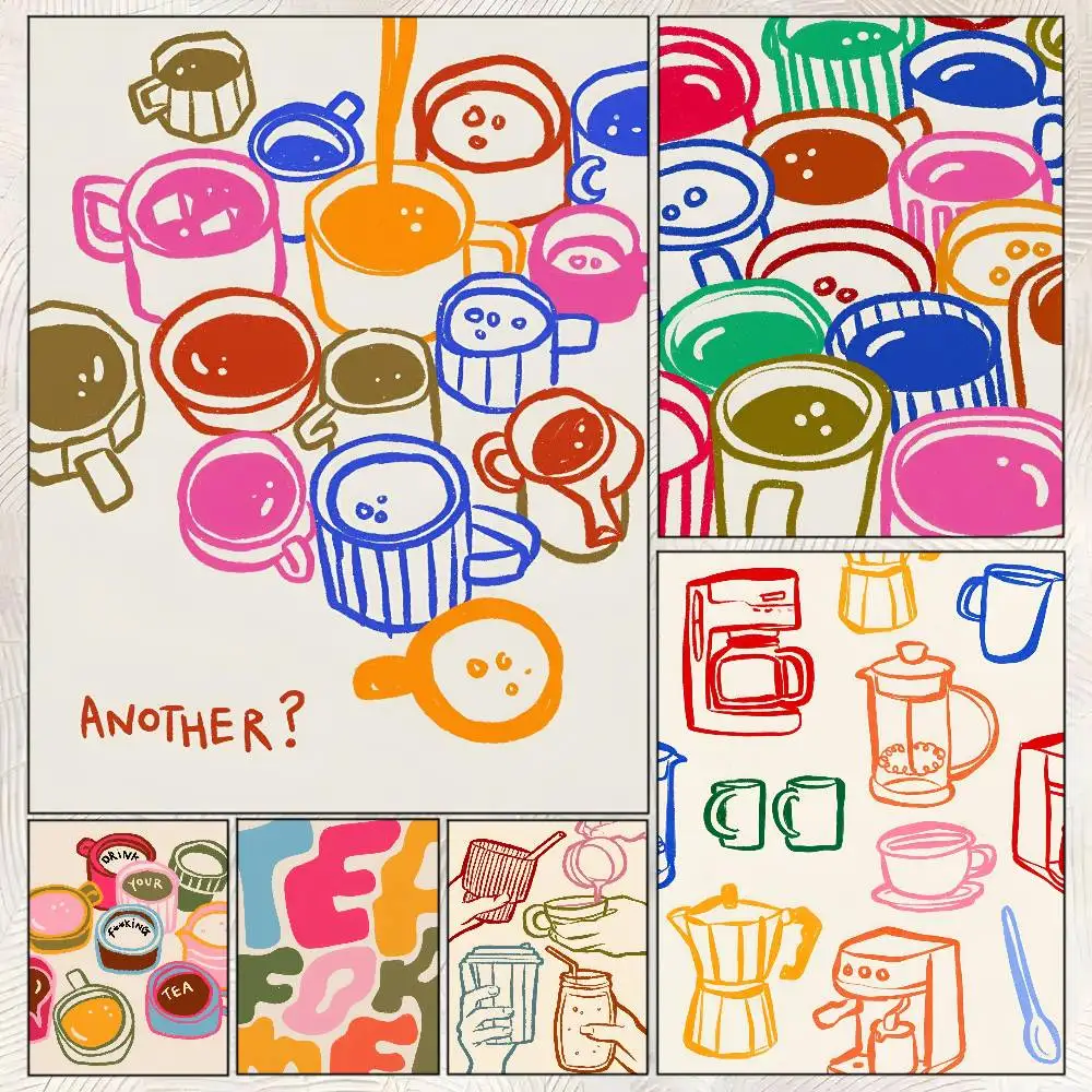 Color Retro Kitchen Another Coffee Latte Tea Trendy Poster Self-adhesive Art Room Entrance Restaurant Wall Decor Art Painting