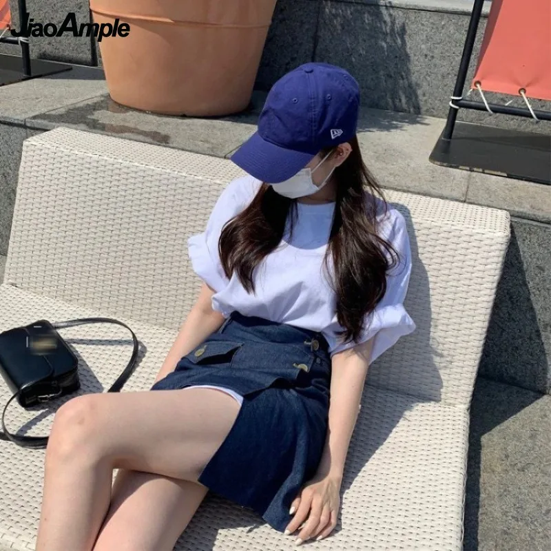 2022 Summer Women's Skirt Suit Korean Elegant Loose Midi Short Sleeve T-Shirt + High Waist Irregular Denim Skirts Two-piece Set