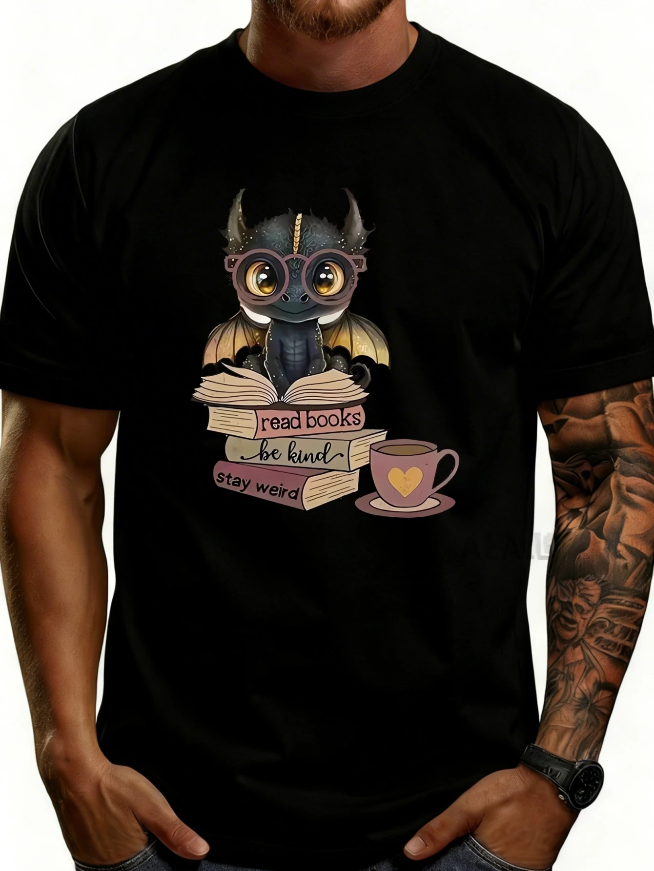 Men's Plain Graphic T-Shirt - Breathable, Soft, Lightweight - Dragon Reading Books and Coffee - Vintage Fun Graphic Casual Short Sleeve Summer Top, Gift for Him