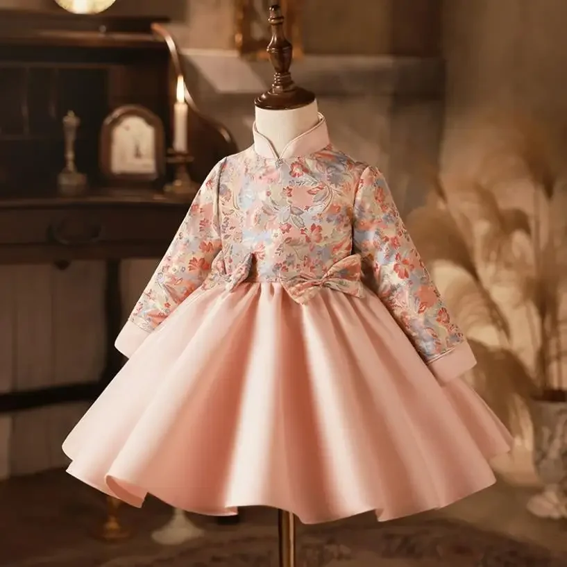 Vestido de noche de princesa para niños, manga larga, diseño estampado, boda, cumpleaños, bautismo, fiesta, niñas, nuevo