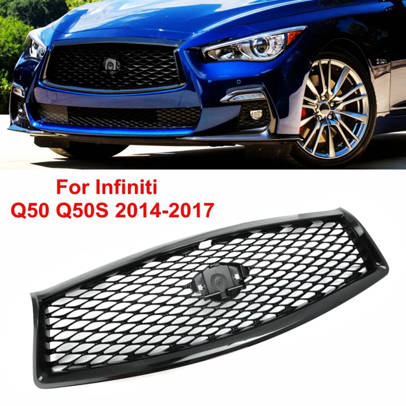 For Infiniti Q50 Q50S 2014-2017 All Models Front Grille Replacement Racing Grill Car Upper Bumper Hood Mesh Grid Kit Gloss Black