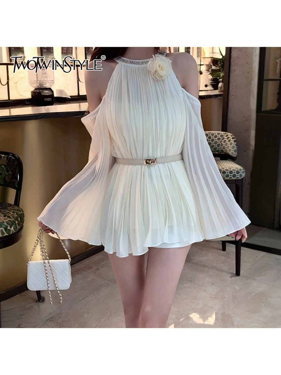 

TWOTWINSTYLE Solid Spliced Appliques Loose Dresses For Women O Neck Falling Shoulder Sleeves High Waist Dress Female Fashion New