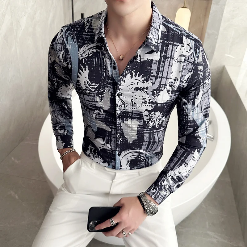 

M-6XL Бутик в деловом стиле, американский тренд, модная тонкая рубашка с цифровым принтом, мужская повседневная рубашка с длинными рукавами с лацканами для пожилых людей