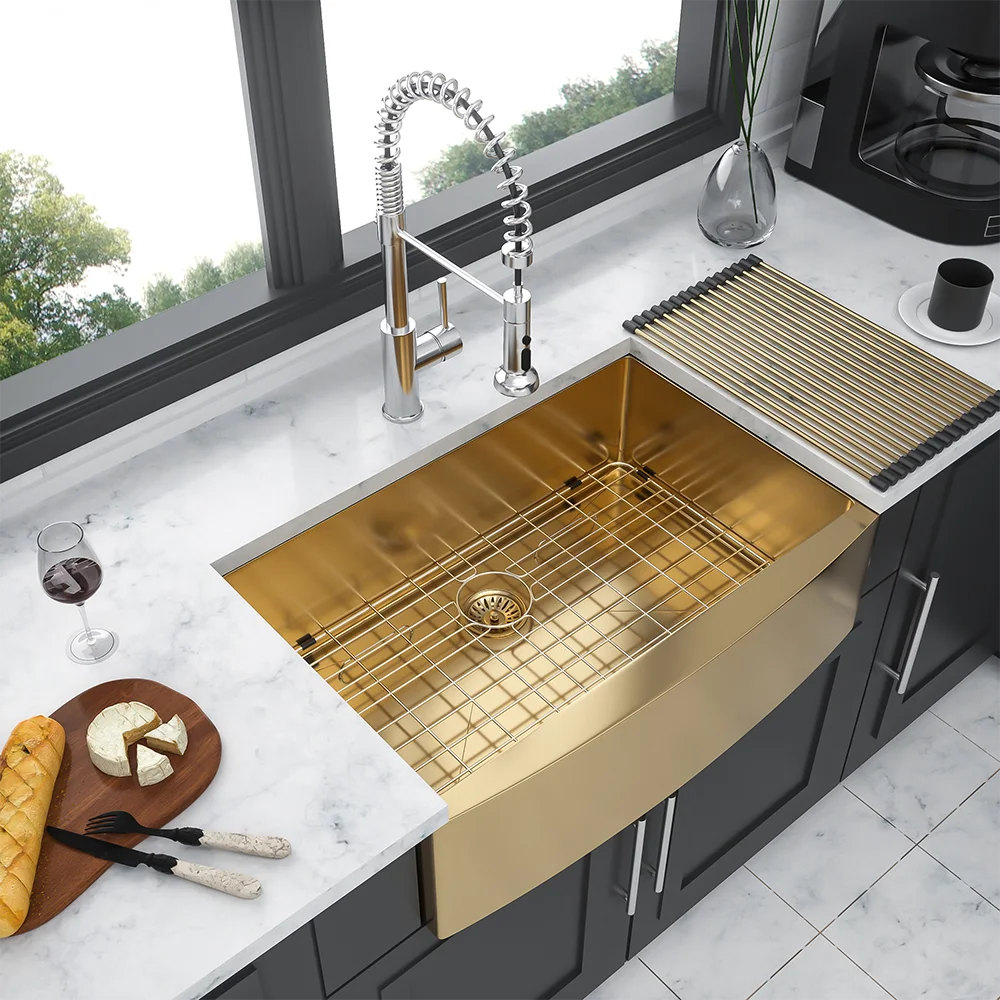 

304 Stainless Steel Waterfall Kitchen Sink Large Single Slot Integrated Faucet Set 36 "x21" x10 "stainless steel sink gold