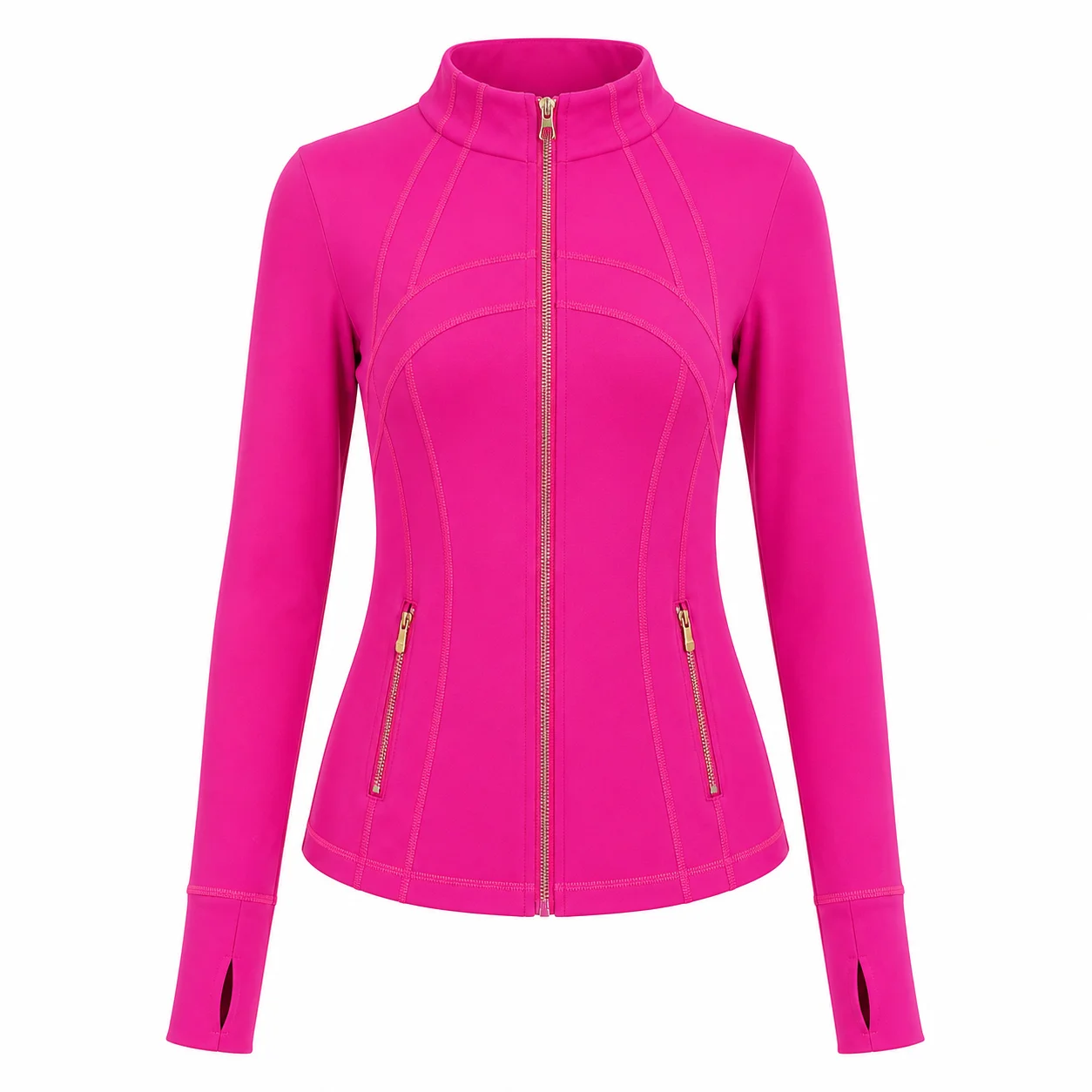 Women's Hot Pink Slim Fit Full Zip Sports Jacket Stand Collar Long Sleeve Thumbhole Workout Running Yoga Outerwear