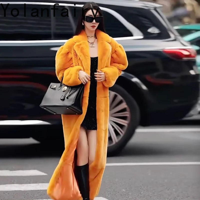 YOLANFAIRY autumn and winter Imported whole rex rabbit fur turn-down collar simple style women overcoat дубленка женская 2025