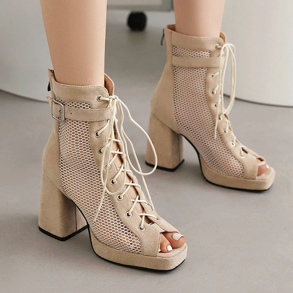 Womens fashion summer Hollow Mesh Open Toe boots Comfortable high heel sandals female Lace-Up Casual heels chunky heel Pumps 33