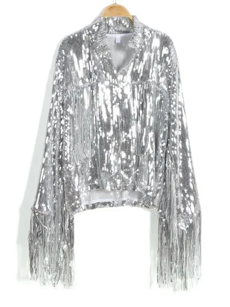 Autumn New Women Tassel Sequin Jacket Zipper Streewear Rock Retro Long-sleeved Silver Reflective Coat Lady Outwear Tops