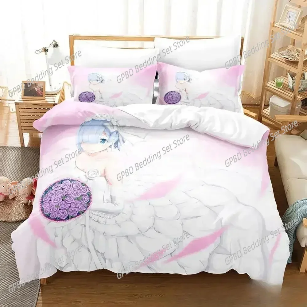 

3D Print Anime Re Zero Rem Ram Emilia 3D Bedding Set Duvet Cover Pillowcases Single Twin Full Queen King Size Home Decor Quilt B