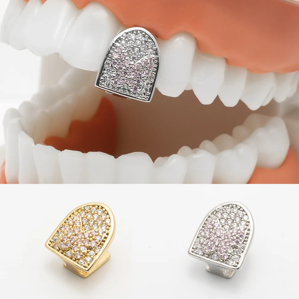 YOUNGX Hip Hop Full CZ Stone Pink Butterfly Teeth Grillz Gold Silver Color Zircon Tooth Caps For Women Men Jewelry Cosplay