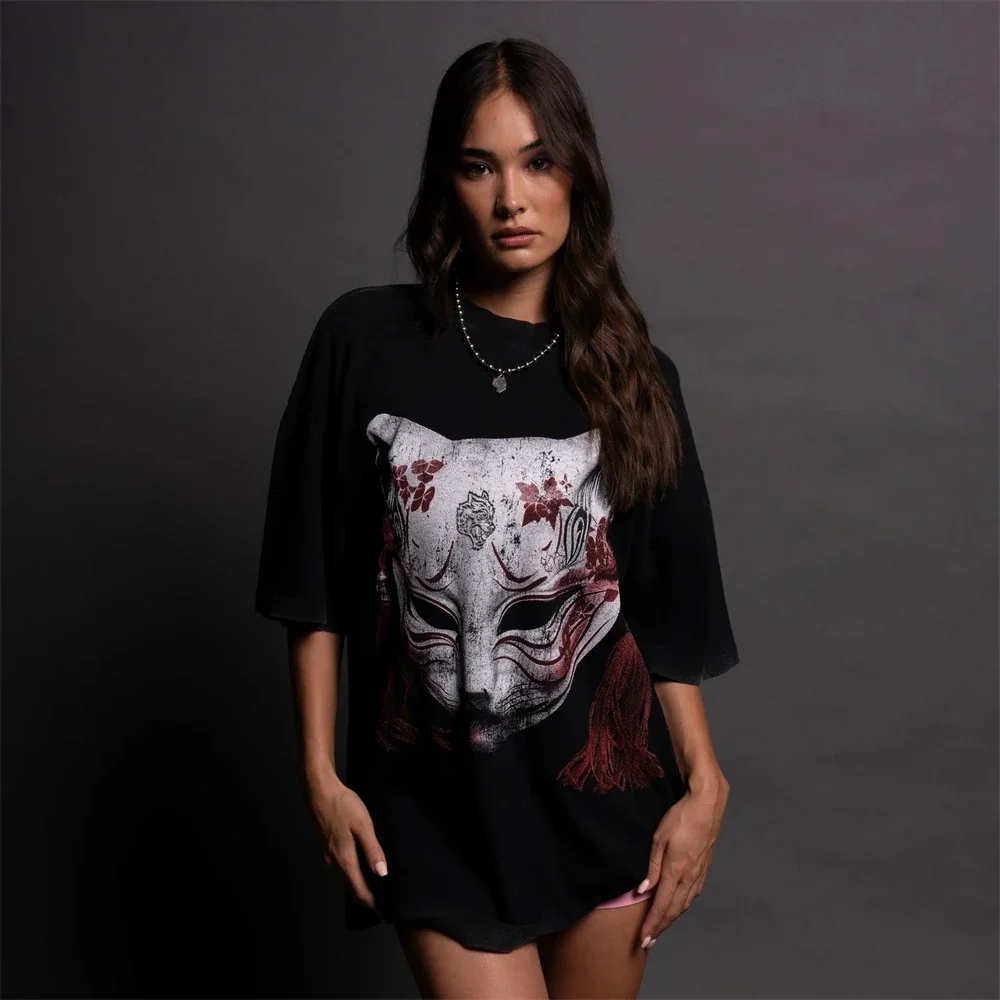 

New Japanese Cat Wolves Print 100% Cotton Oversized Men Women Clothing 2025 Summer T-shirts Hip Hop Tops Tees US SIZE S-XL