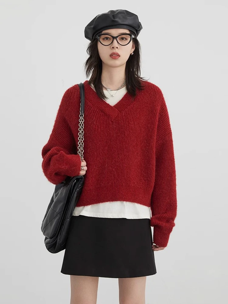 

CHICVEN Street Sle Свободный крой шерстяной свитер V-Ne ort Knit Sweater Long Sve Red Верхний весенний женский свитер