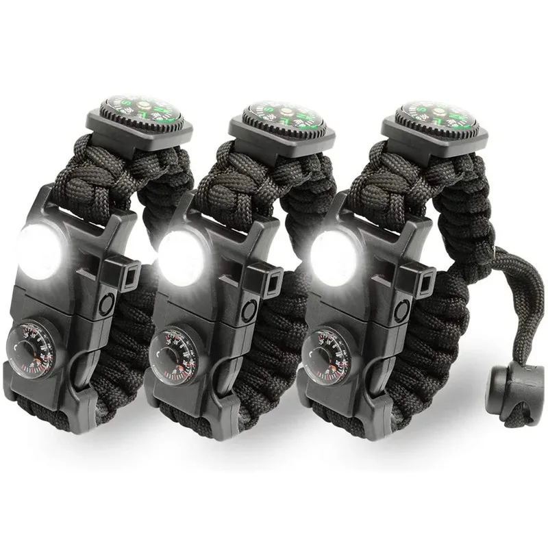 Survival Paracord Bracelet 21 in 1 Adjustable, Tactical Emergency Gear Kit Includes SOS Flashlight Compass Thermometer