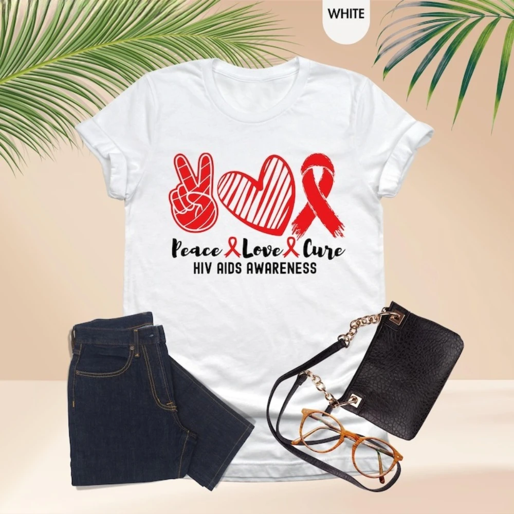 HIV AIDS Awareness Shirt Peace Love Cure Tee Red Ribbon World Aids Day T-Shirt Motivational TShirt Men Women Casual Streetwear