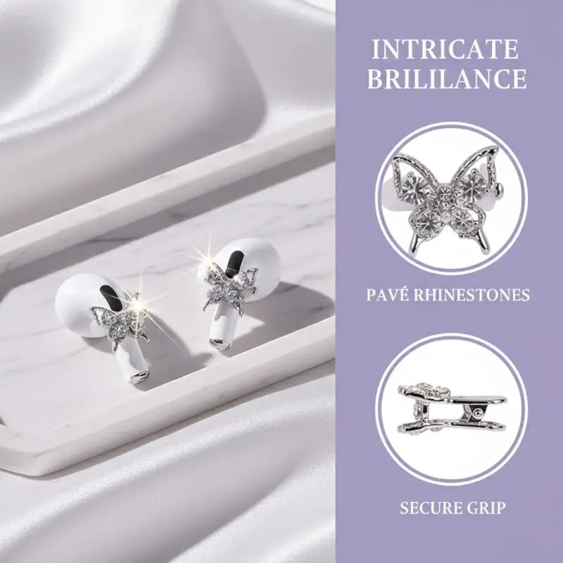 1Pair Butterfly Headphone Rhinestone Buckle DIY Zircon Headphone Decoration Clip Removeable Easy To Install Earbud Accessories