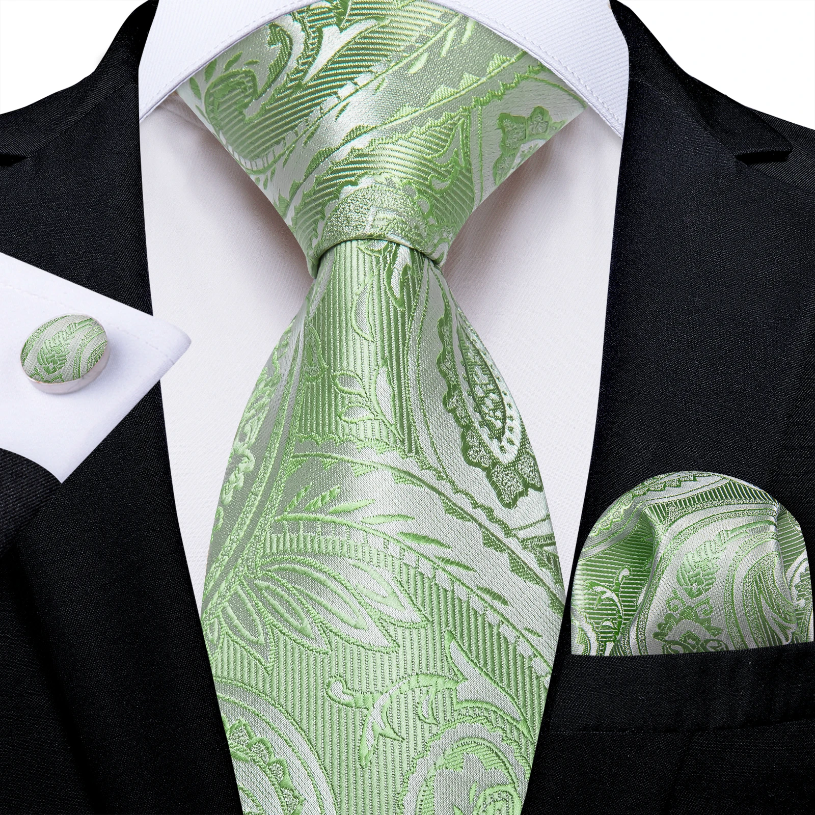 3Pcs Floral Mens Tie Set Elegant Necktie Hanky Cufflinks for Wedding Groom Business Banquet Office Party Interview Daily Wear