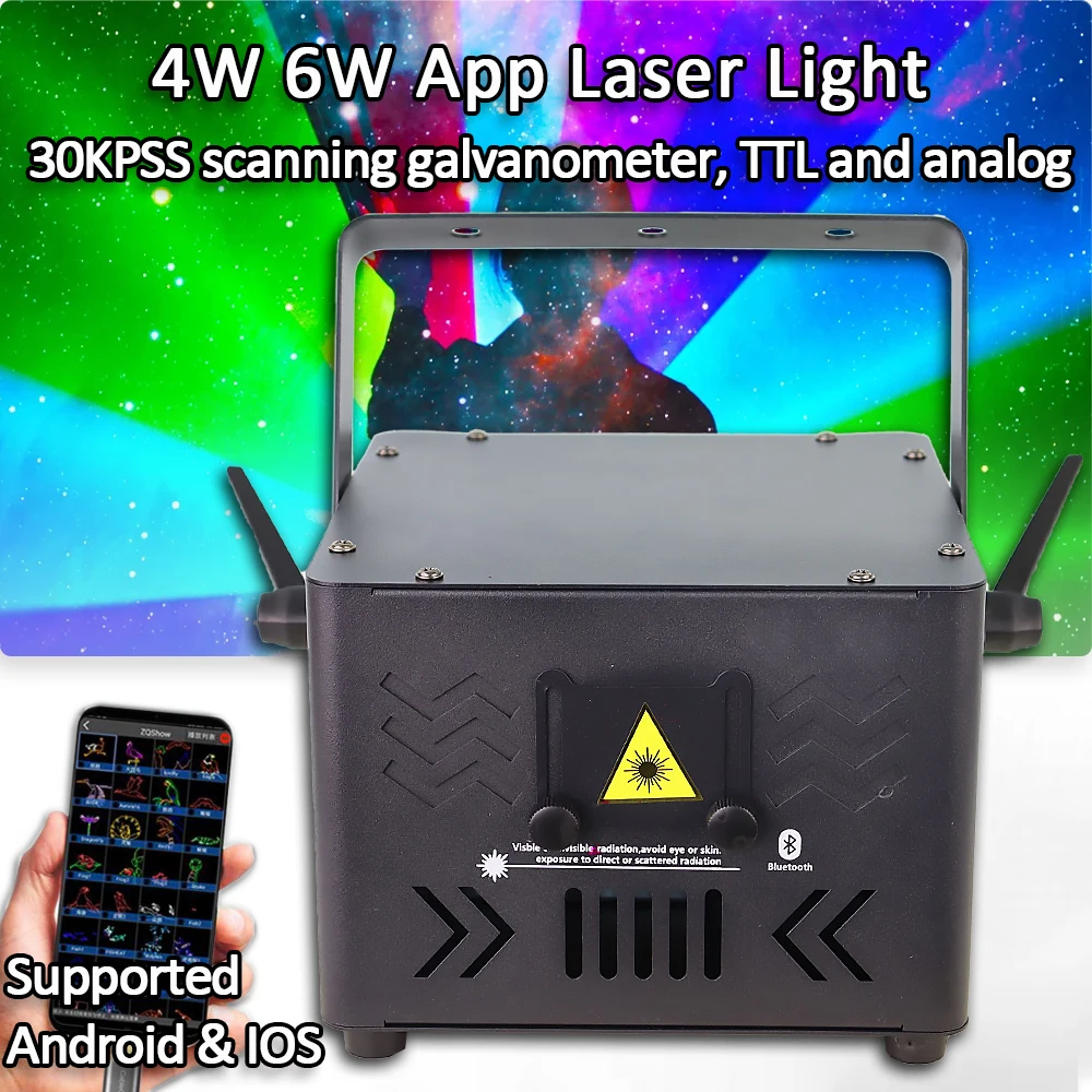 

Поддерживаемое приложение Android и IOS 4 Вт 6 Вт RGB анимация лазерный свет высокой мощности для свадьбы DJ Club Theater Performance Stage