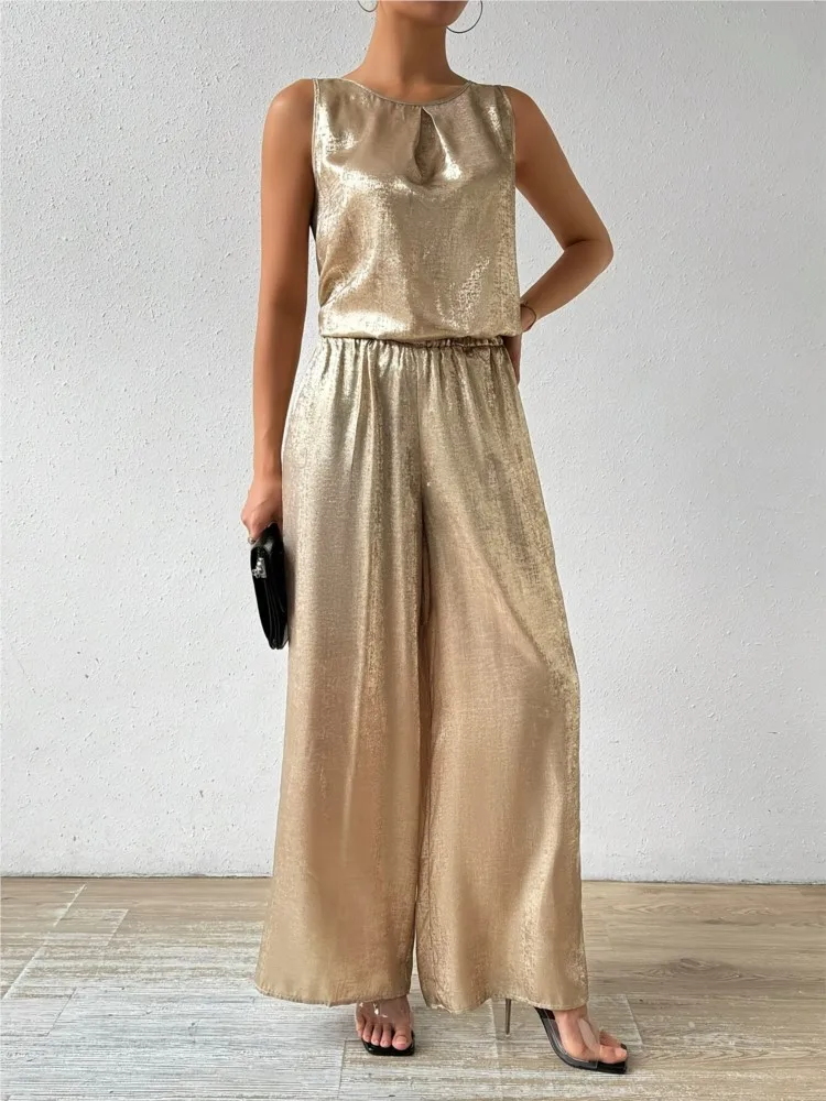 

Office Lady Two-Piece Set Solid Sleeveless O Neck Tank Top Gold Hot Lace-up Backless Pants Outfit Fashion Loose Suit Summer 2025