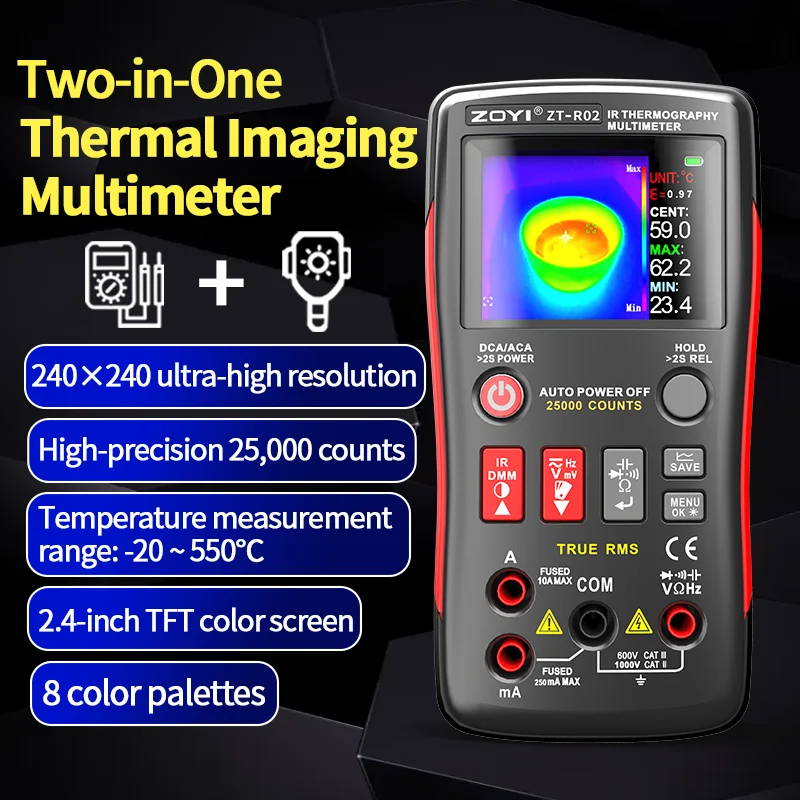 جهاز تصوير حراري ثنائي الفينيل متعدد الكلور مقاس 2.4 بوصة من الدرجة الصناعية ZOYI مع مقياس متعدد 25,000 عدد للاختبار الكهربائي للوحات الدوائر.