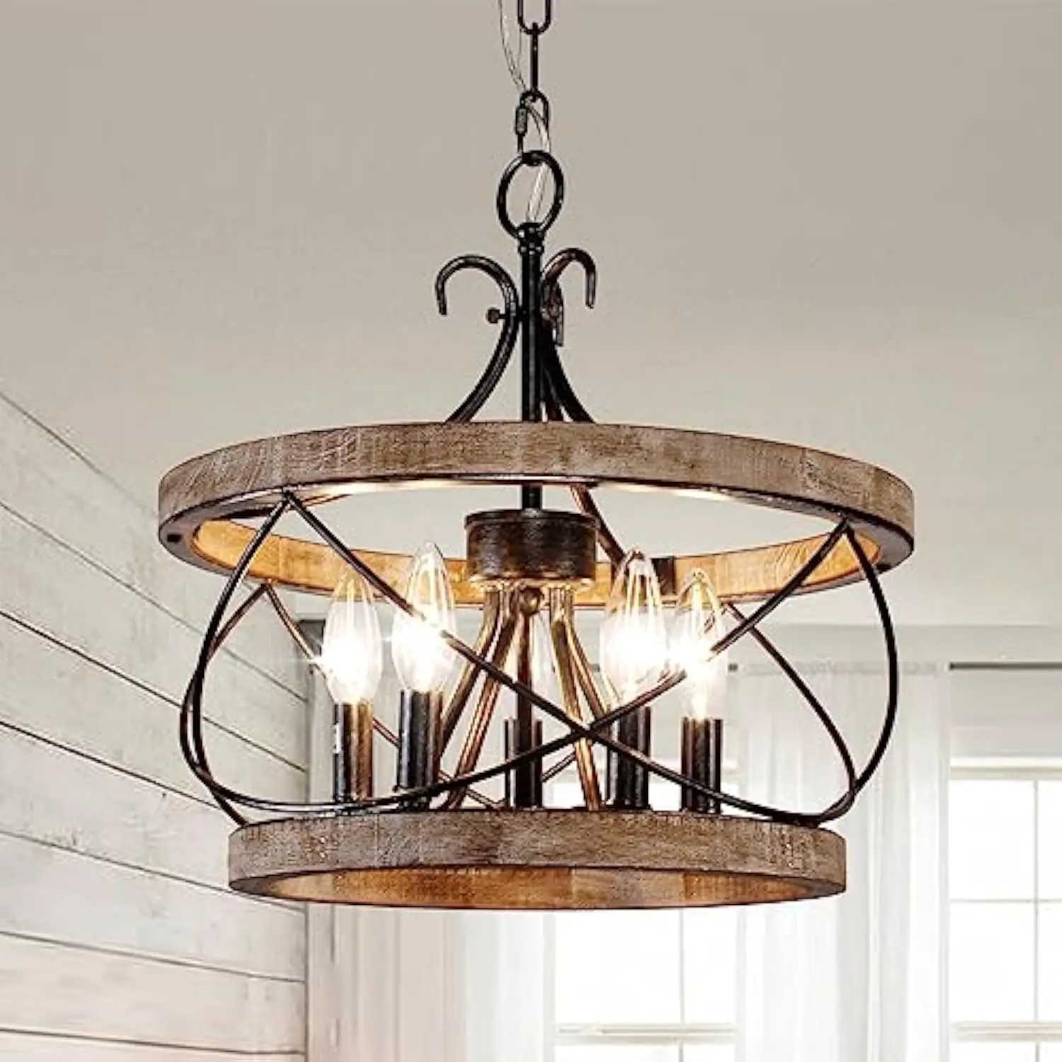 

15.7 Farmhouse Chandelier, 5-Light Rustic Drum Chandelier Light Fixture over Table, Hanging Lamp, Wood Chandelier for Dining Roo