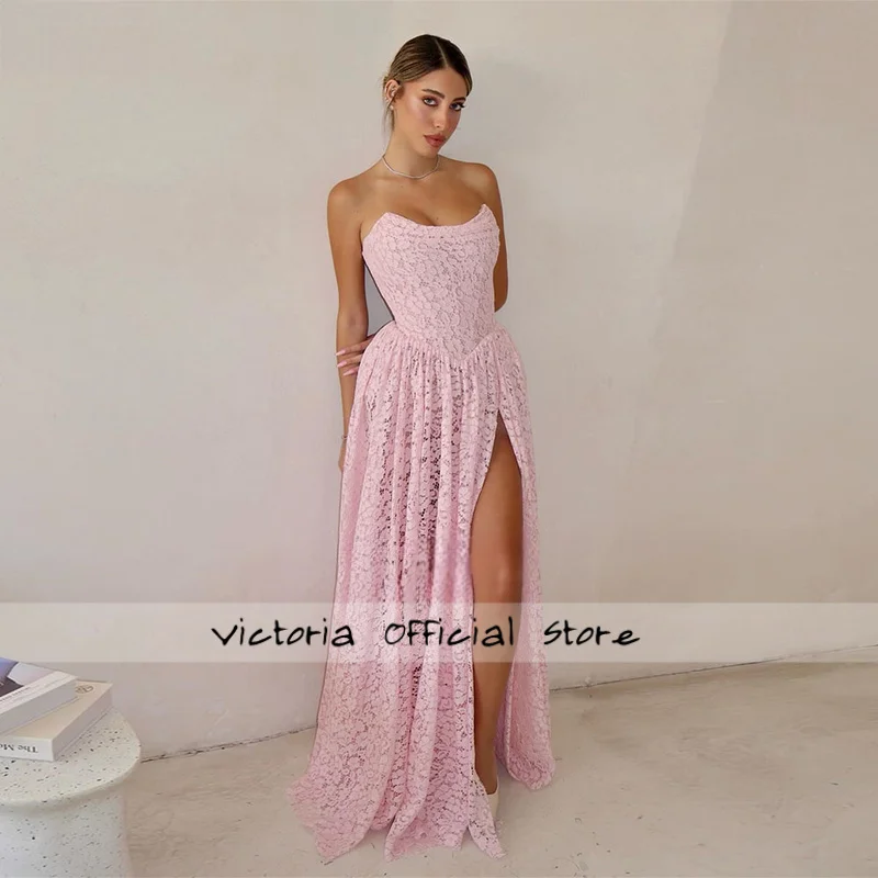 Exquisite Lace Appliques Prom Dresses Long A Line Pink High Side Slit Formal Dresses Evening Party Gown Woman Customized
