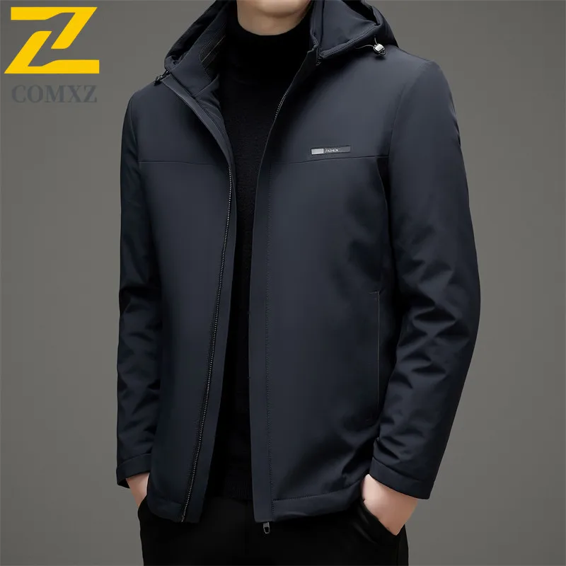 

COMXZ New Mens Down Jacket Detachable Hooded Business Casual Windproof Puffer Jacket 90% White Duck Down Thickened Winter Parka