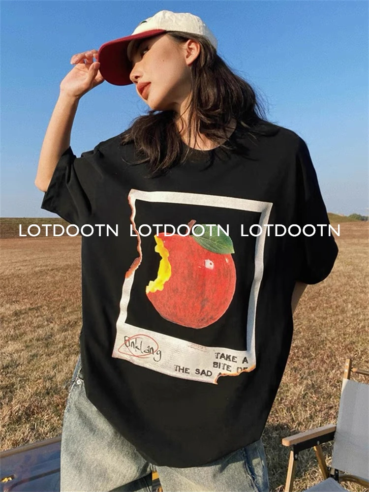 LOTDOOTN Summer New 100% Cotton Apple Graphic T-shirts American Fashion Y2K Women Loose Retro Fresh Harajuku High Street Clothes