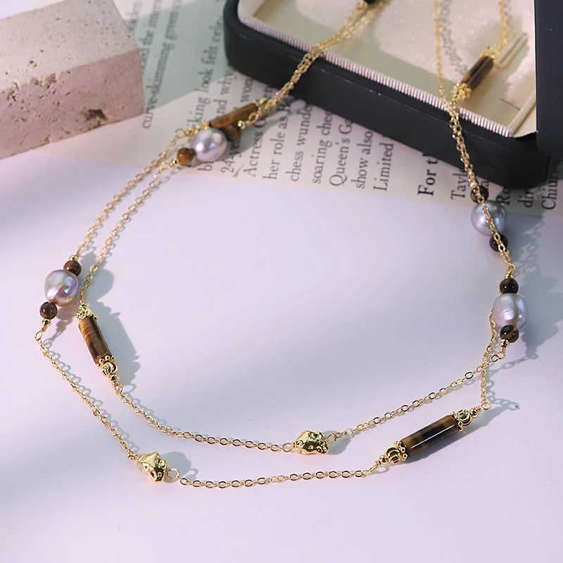 

Natural Irradiated Pearl Copper Block Tiger Eye Sweater Chain Adjustable Design Handmade Necklace Women's Jewelry GN0826B