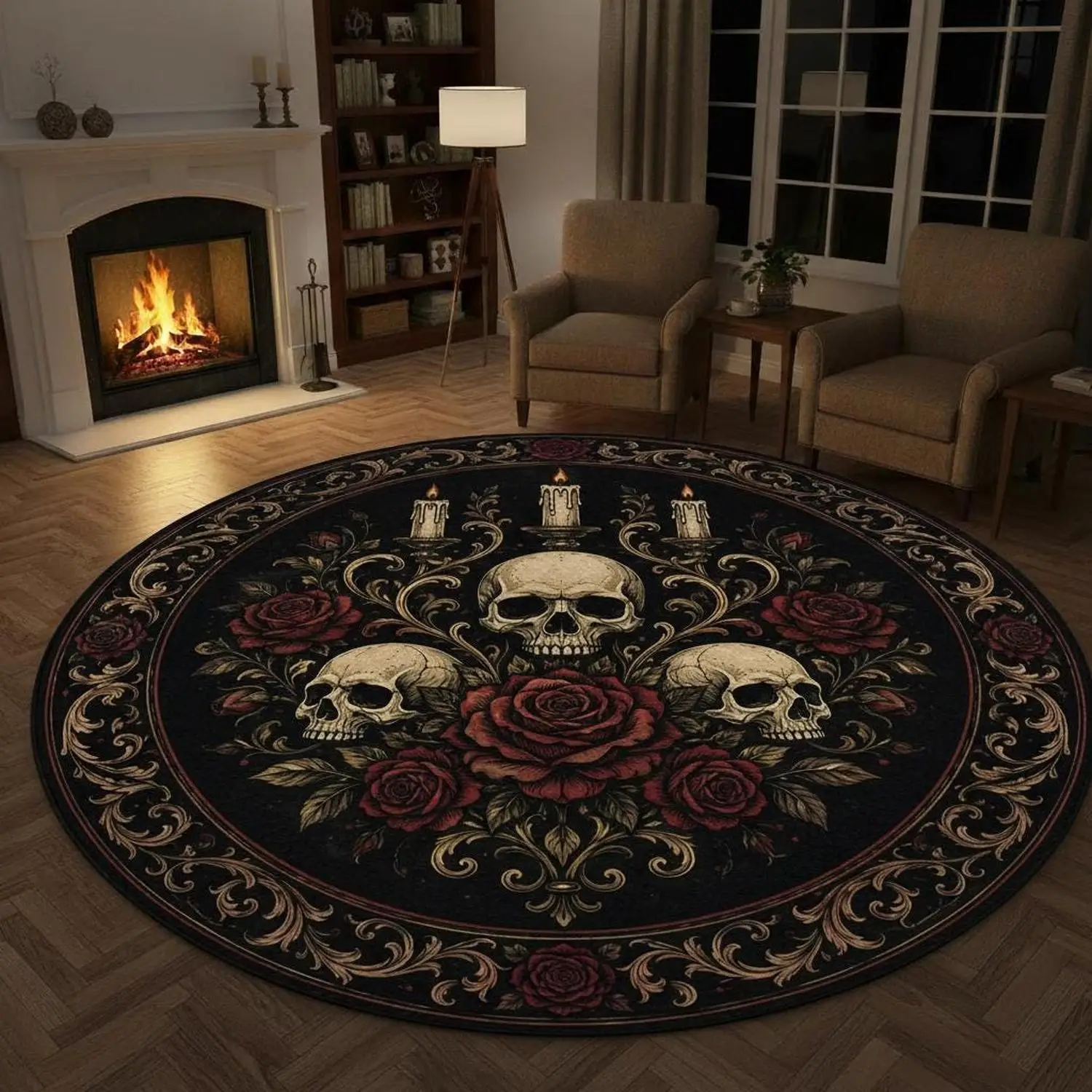 【Room Decor Carpet】Gothic Skull Round Carpet, Dark Floral Pattern Carpet, Black Rose Carpet, Halloween Decoration, Witch Theme Round Carpet