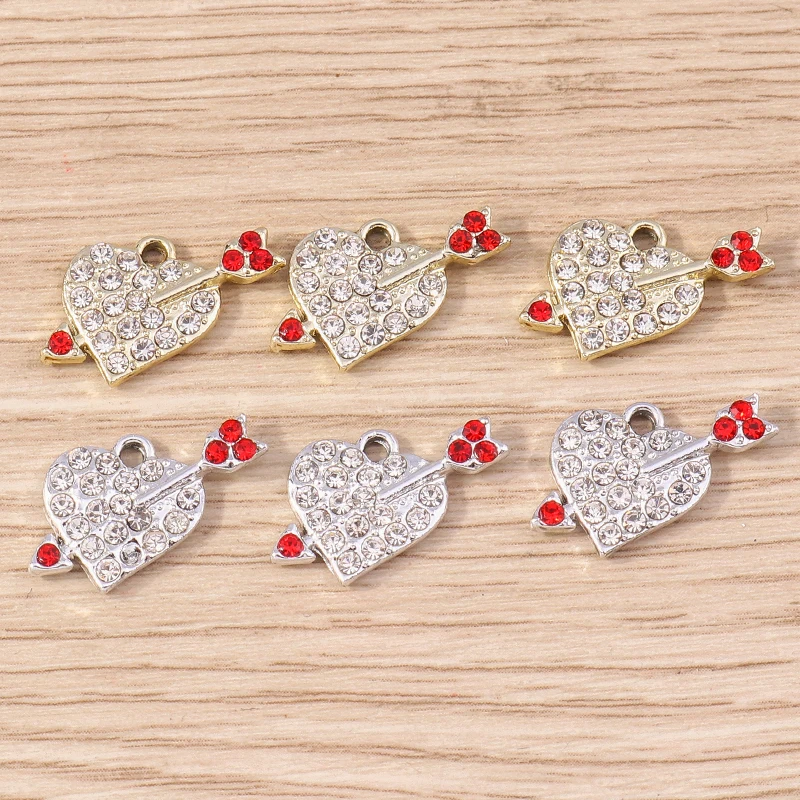 Tusember 10 Stück exquisite silberfarbene Kristall-Liebesherz-Charms für die Schmuckherstellung, modische Ohrringe, Halsketten, DIY-Anhänger – Detail 22