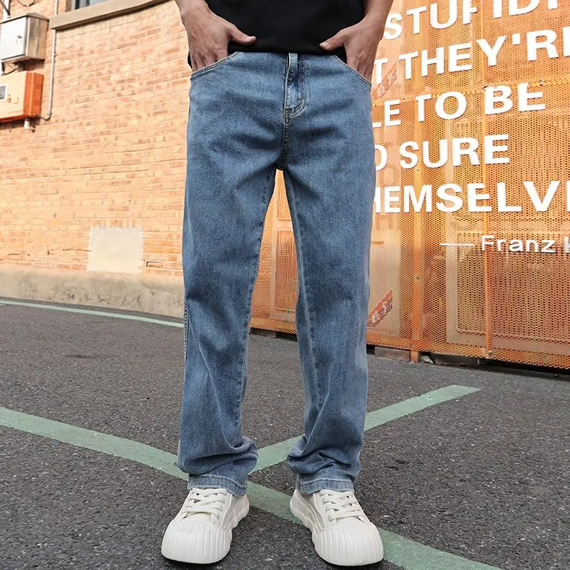 

Classic Style Blue Jeans Men Slim Fit Mid Rise Denim Bottoms Male's Spring Clothes