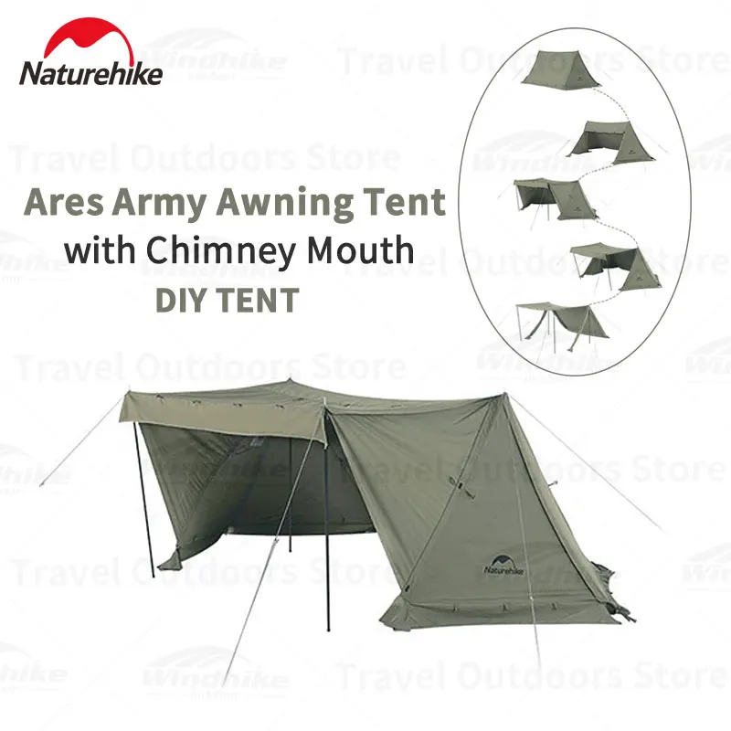 Naturehike Outdoor Camping Large Space 1 Person Army Tent 210gTC Cotton Waterproof Quick Build Shelter Tent With Chimney Awning