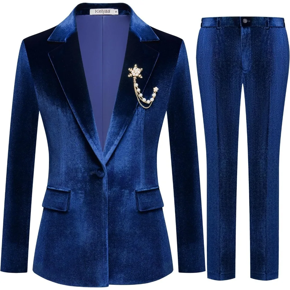 Women's 2 Piece Velvet Suit Notch Lapel One Button Slim Fit Business Party Wedding Tuxedo Blazer Pants Set