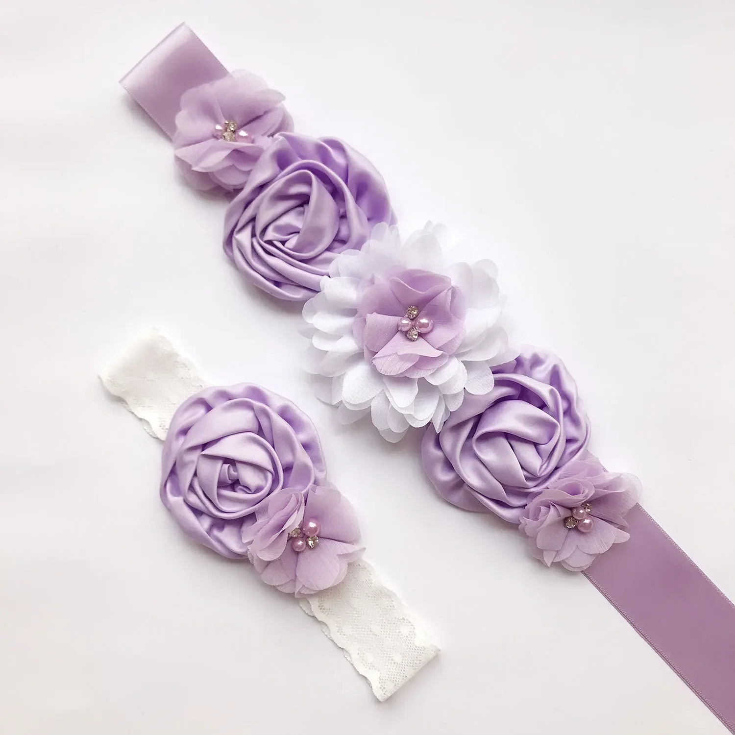 2Pcs/Set Kids Handmade Flowers Flower Girls Dresses Belts Baby Girls Crystals First Communion Gown Sash With baby Headband