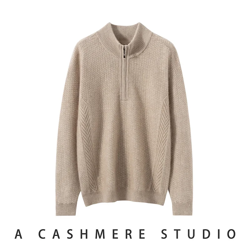 Sweter męski ze 100% czystego kaszmiru, z obniżonymi ramionami, zapinany na krótki zamek, z wysokim kołnierzem, gruby, ciepły, dzianinowy podkoszulek na zimę.
